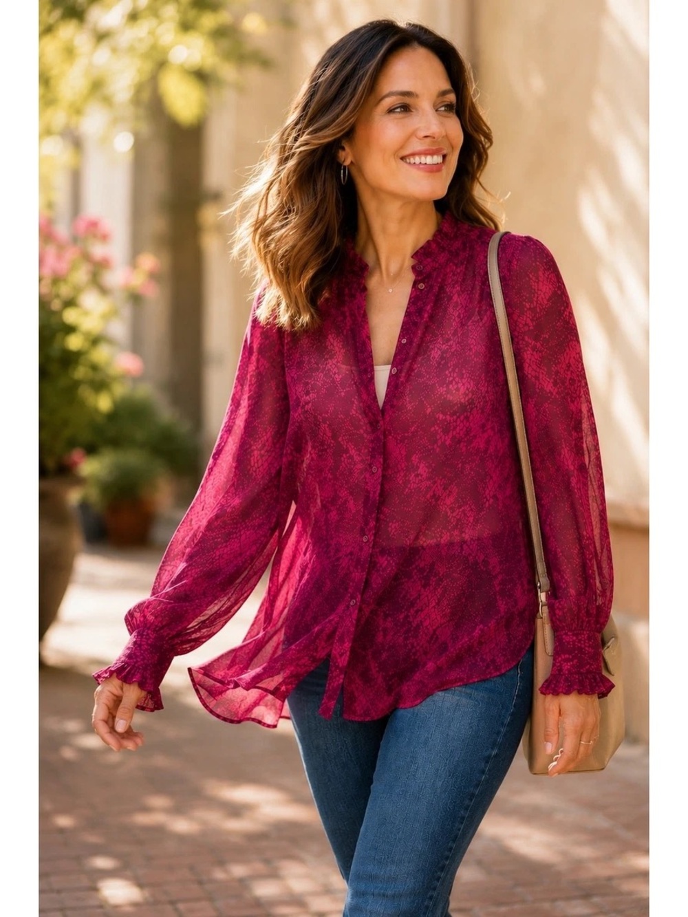 Chico's Sheer Magenta Button-Front Blouse